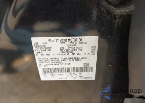 2015 Ford Explorer из США, поврежденный, VIN 1FM5K8B8XFGB20157